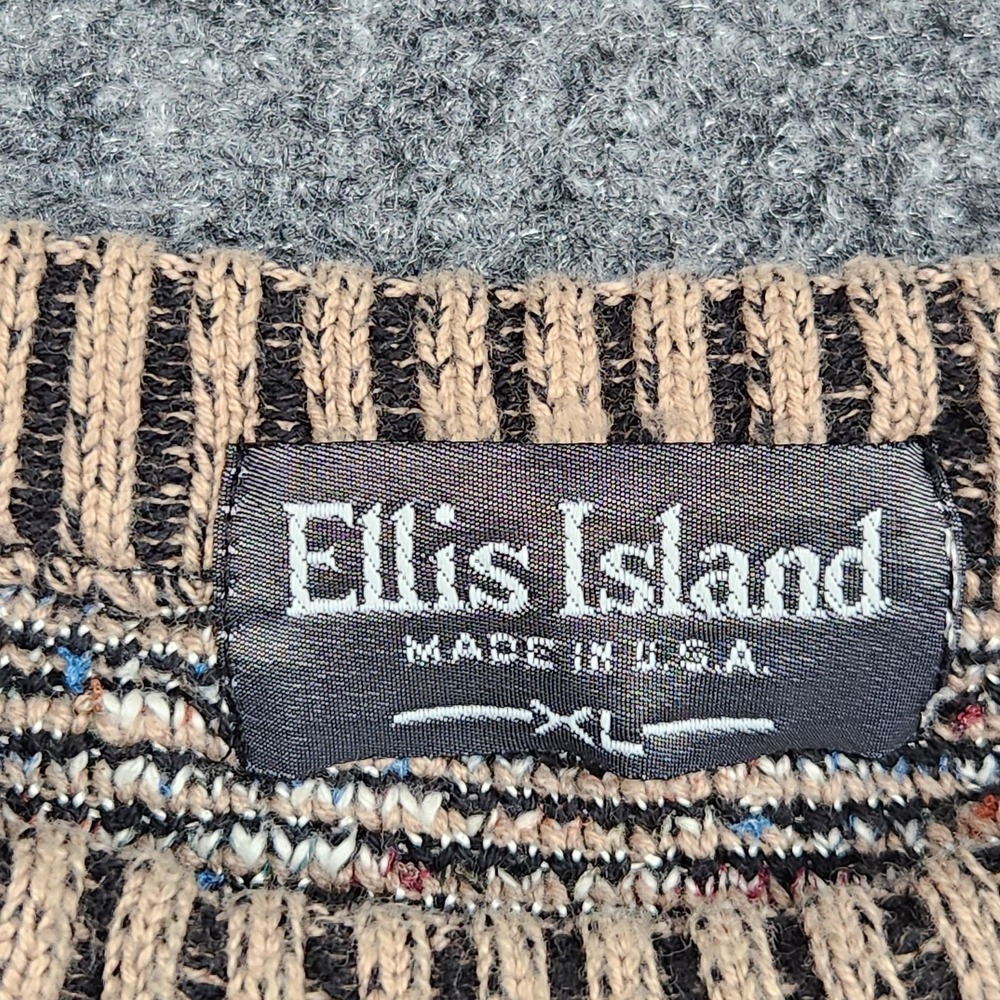 Vintage Ellis Island Sweater Mens XL Tan Black Abstract 3D Knit Coogi Style 90s - Picture 2 of 7